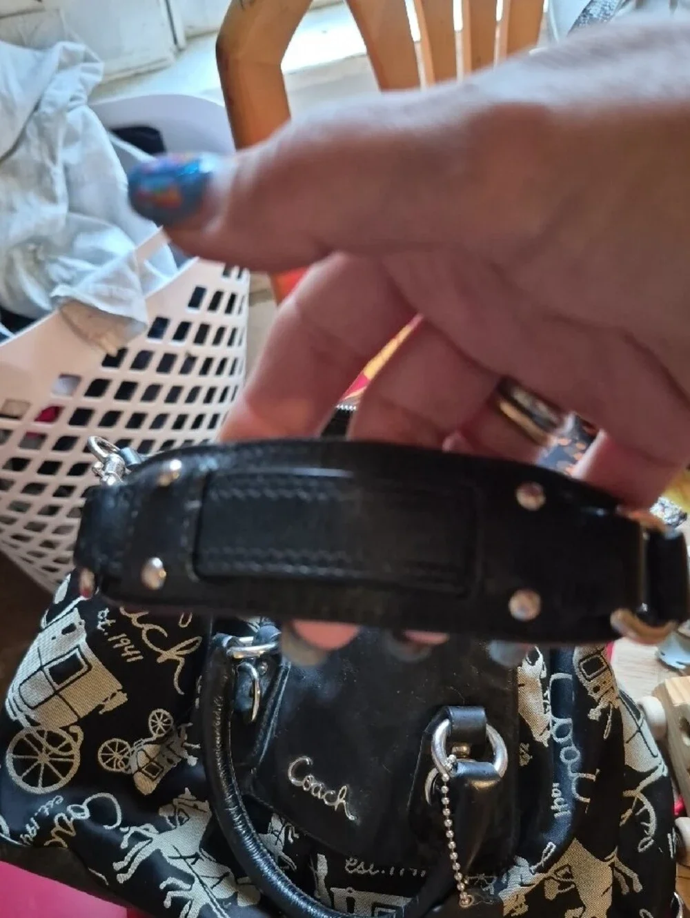 Coach Black and Cream Signature Satchel with Script & Carriage Print